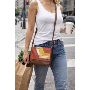 The Sak Leather Crossbody Bag ChevronPatchwork PinkGold Metallic Boho MultiColor